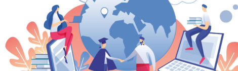 illustration of students shaking hands in front of globe with technologu and other learning resources