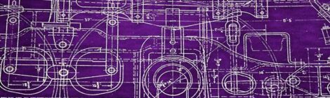 technical line drawing of an engineering project with lines and circles on a purple backgroundn