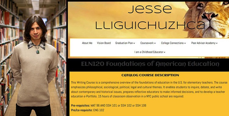 Left: student Jesse Lliguichuzhca standing in library; right: screenshot of Jesse's ePortfolio
