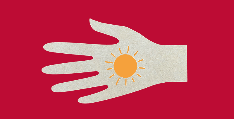 on a red background, there is a yellow sun on a beige hand